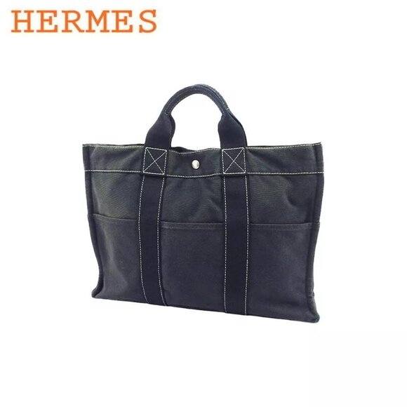 HERMES Tote Bag Charcoal Gray Canvas Authentic Used - Picture 1 of 9